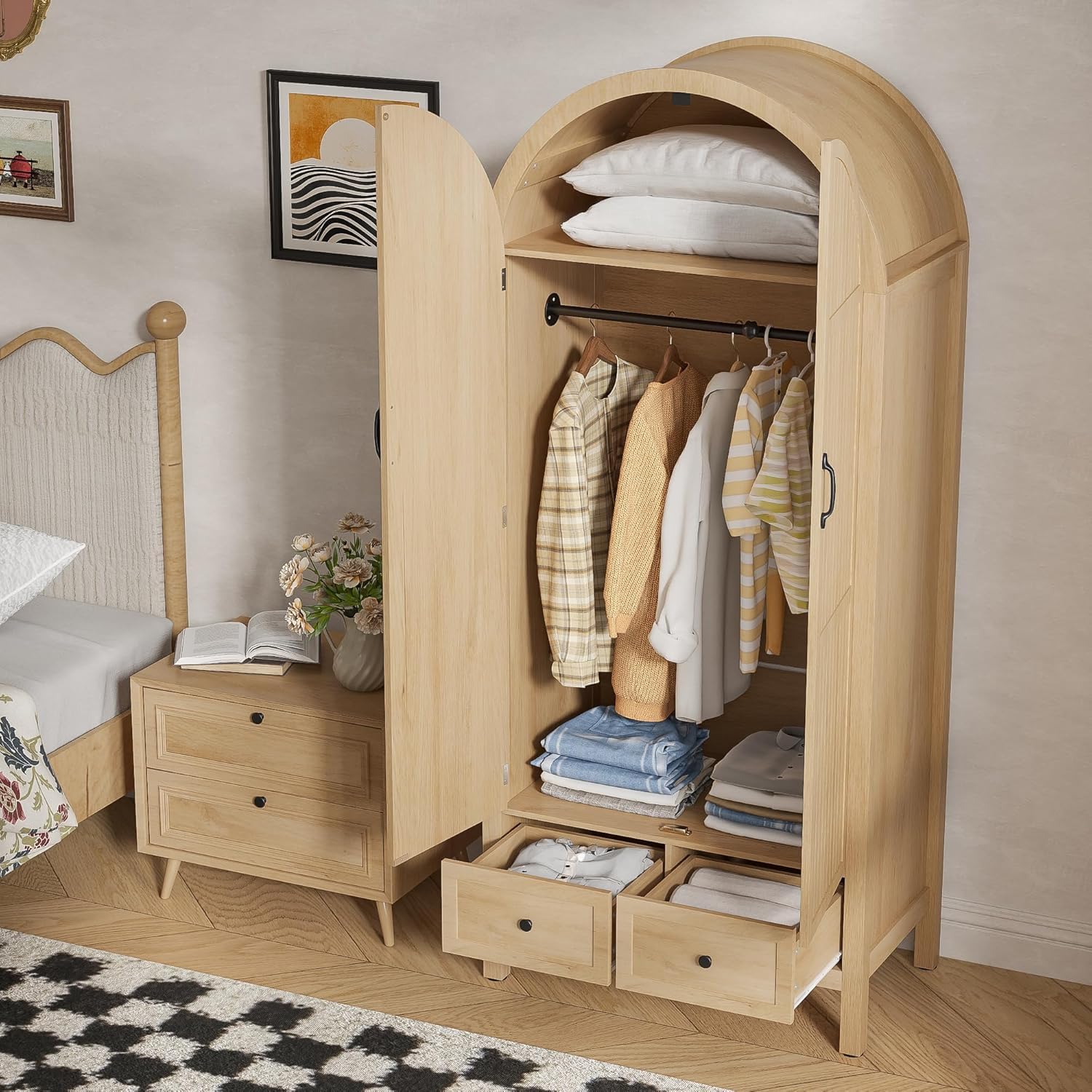 Lxsxlome Wardrobe Closet, Armoire Wardrobe Closet with Drawers and 2 Arched Fluted Doors, 70.87‘’ Tall Wooden Bedroom Armoires with Shelves and Hanging Rod (1, Wood Color)