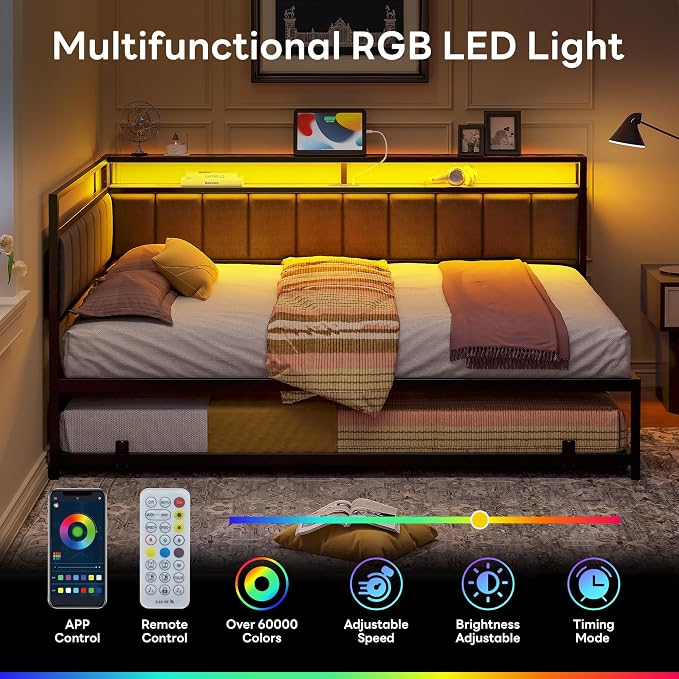 Upholstered Daybed with Trundle & LED Lights