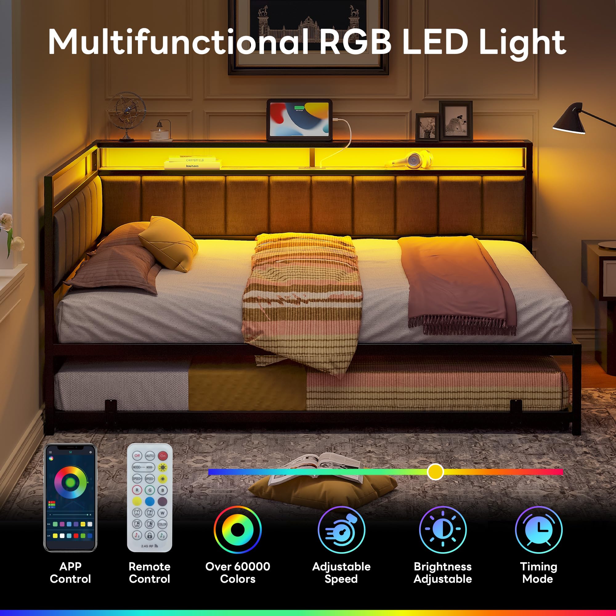 LIKIMIO Corner Twin Bed Frame with Trundle, Upholstered Storage Headboard & LED Lights, Twin Size Daybed with Charging Station, Sturdy Platform Metal Frame for Living Room, Bedroom, Guest Room, Gray