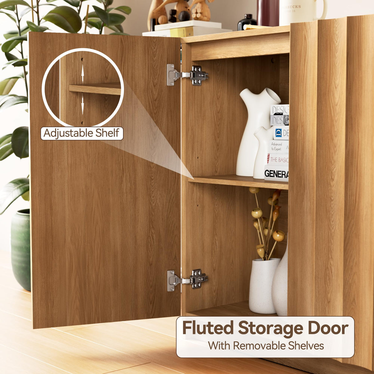 Hizetol Fluted Sideboard Buffet Cabinet with Storage, 94.5" Wide Mid Century Modern Accent Cabinet with Adjustable Shelves, Wood Modular Credenza Storage Cabinet for Living Room, Entryway