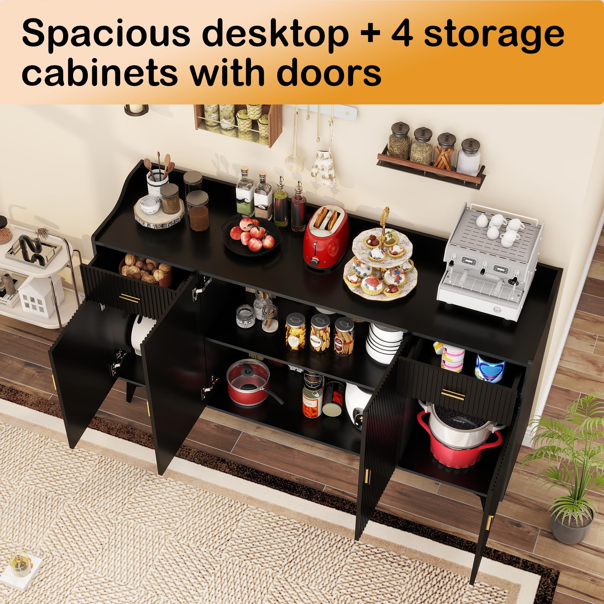 Black Fluted Sideboard Buffet Cabinet with Storage
