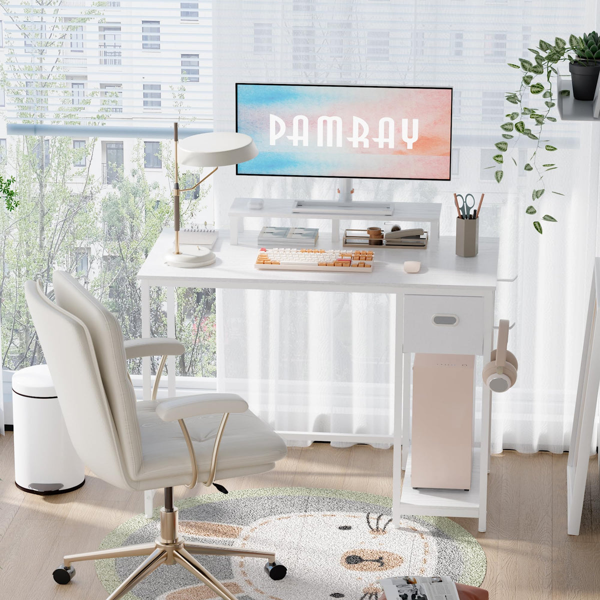 Pamray 39 Inch Small Computer Desk with Monitor Stand and Drawer for Gaming