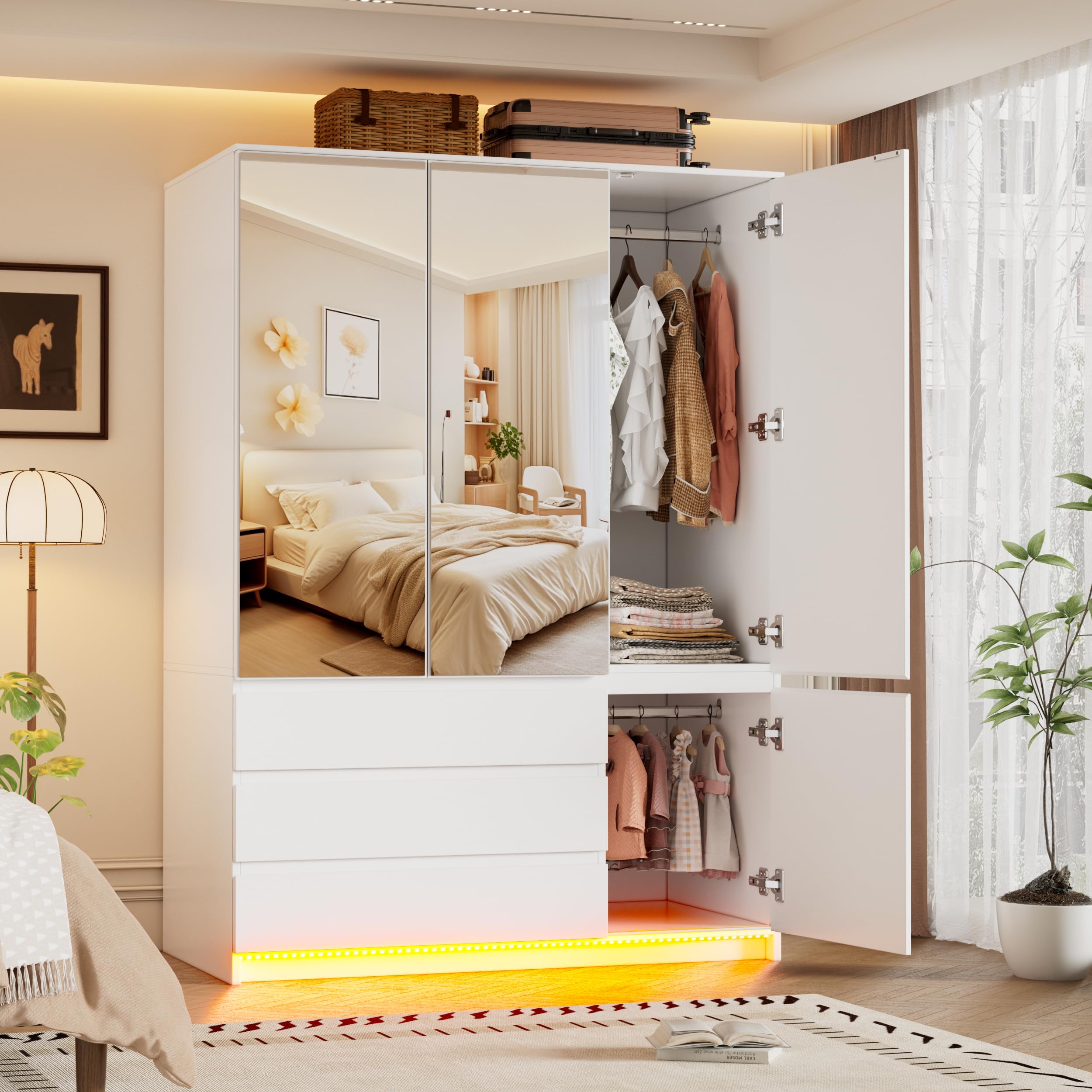 PAKASEPT 3 Doors Armoire Wardrobe Closet with Mirror & Lights, 72.83" H Wooden Bedroom Armoires with 3 Drawers, Hanging Rod & Shelves, Clothing Storage Cabinet for Bedroom