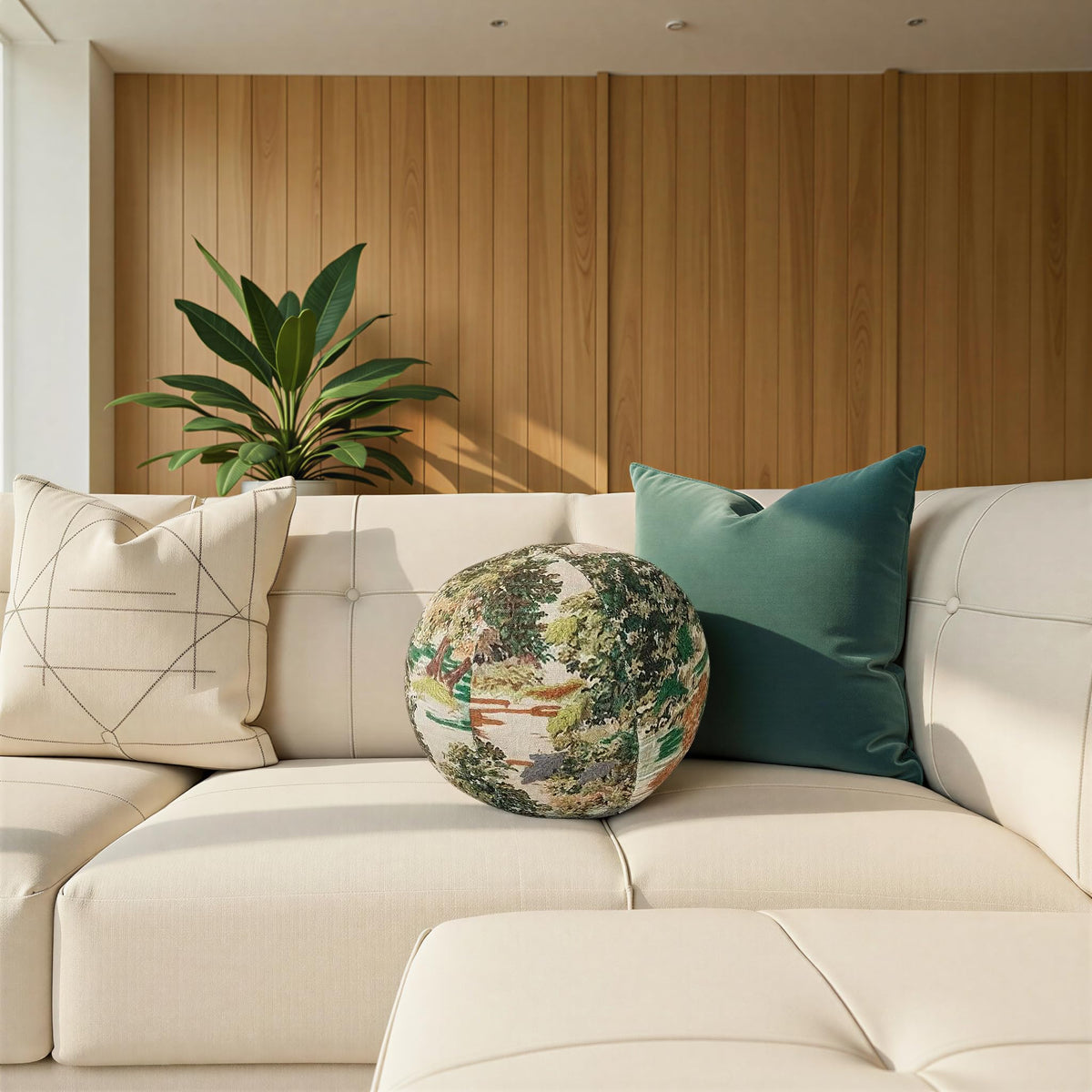 Creative Co-Op Round Fabric Printed Orb Pillow with Landscape and Embroidery, Multicolor