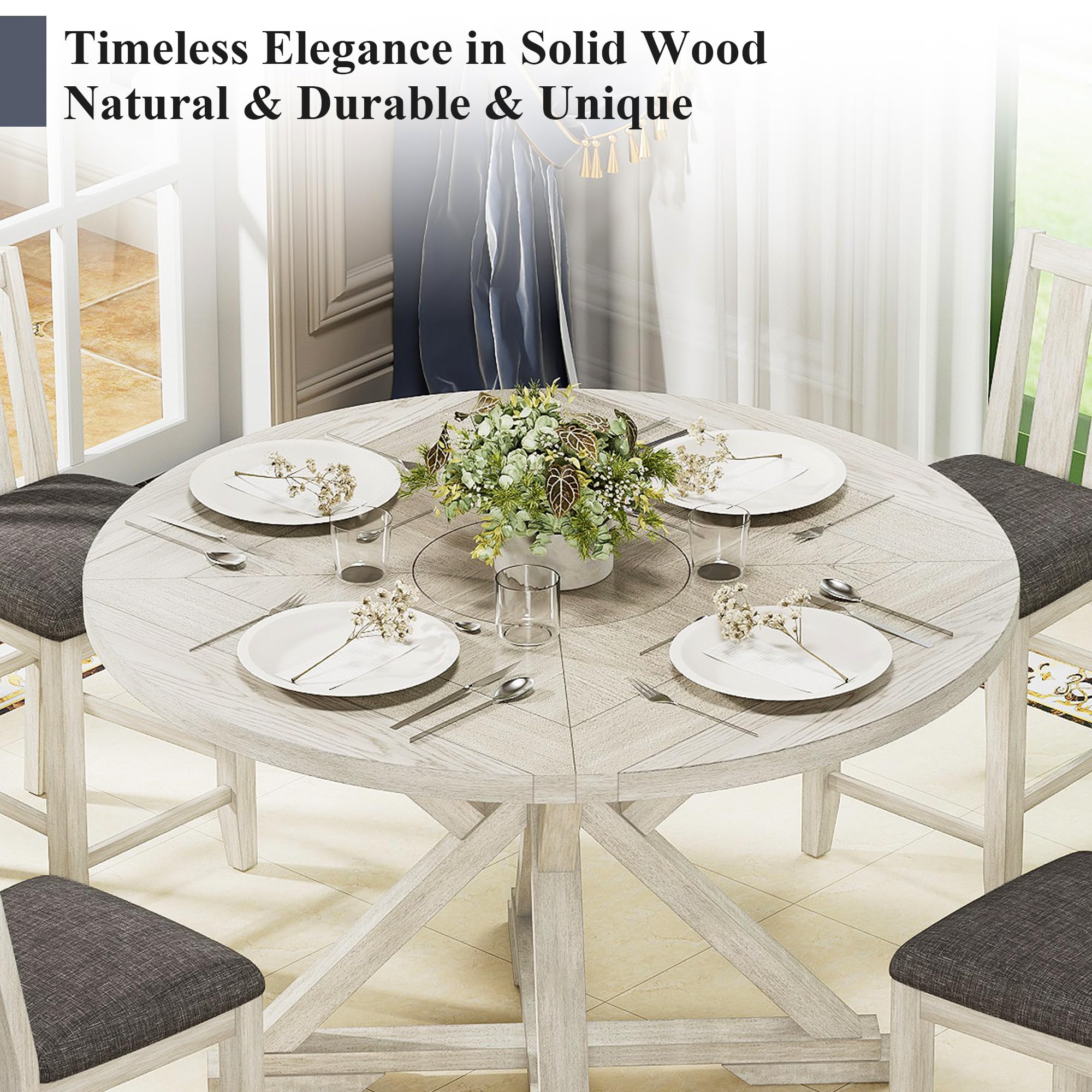 VECELO 7-Piece Solid Wood Foldable Dining Table Set for 6, Farmhouse Round Dining Table with 6 Upholstered Dining Chairs for Dining Room, Kitchen, Washed Gray