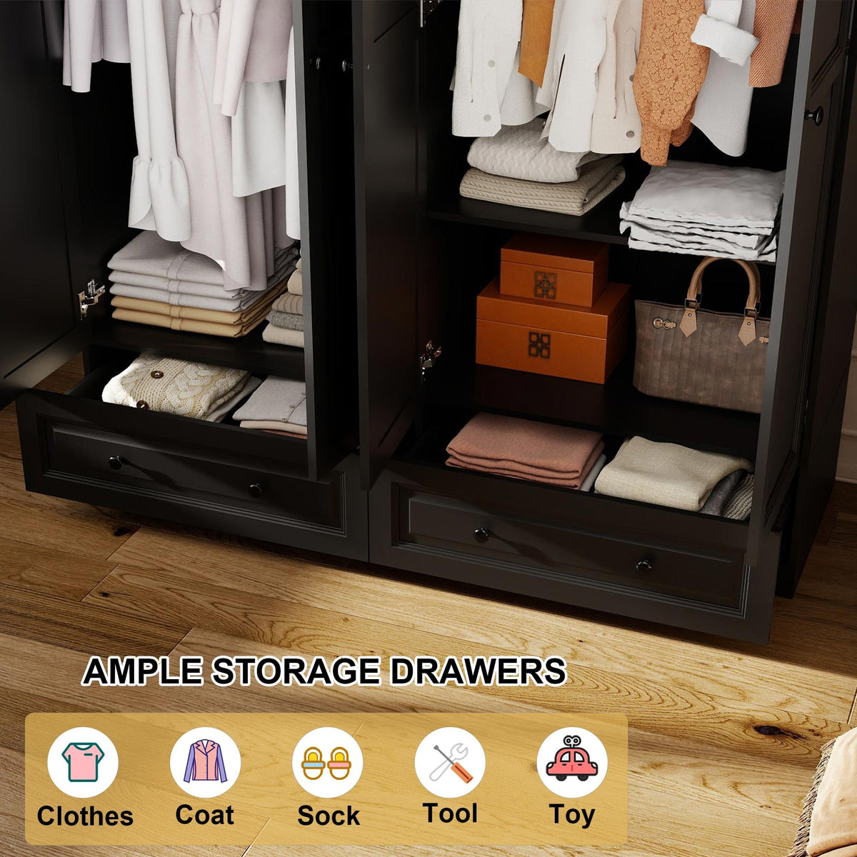 Black Wardrobe Armoire with 2 Drawers