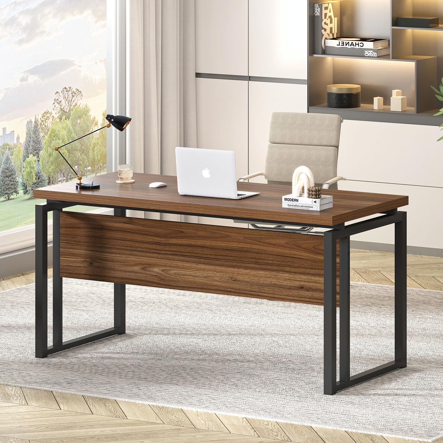 EXCEFUR Home Office Desk, Modern Computer Desk for Workstation, Wood Metal Executive PC Laptop Study Writing Table for Living Room, 53 Inch, Rustic Walnut