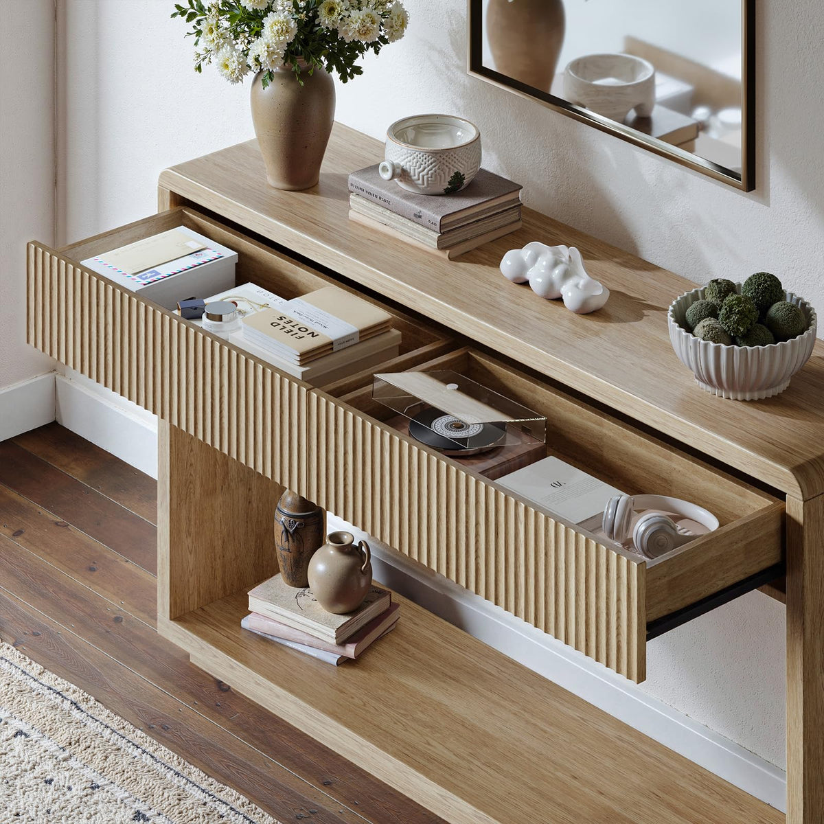Evermagin 59'' Oak Console Table with Drawers, Sofa Table with Storage