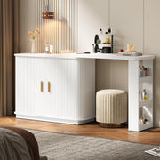 RoyalCraft 68” Extendable Makeup Vanity Desk, Modern L-Shaped Corner Vanity Desk with Silding Door, White Fluted Makeup Table with Curved Desktop and Adjustable Shelf, Wood Dressing Table for Bedroom