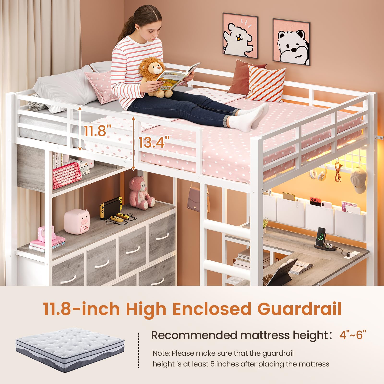 Full Size Loft Bed with Desk, Drawers & LED Lights