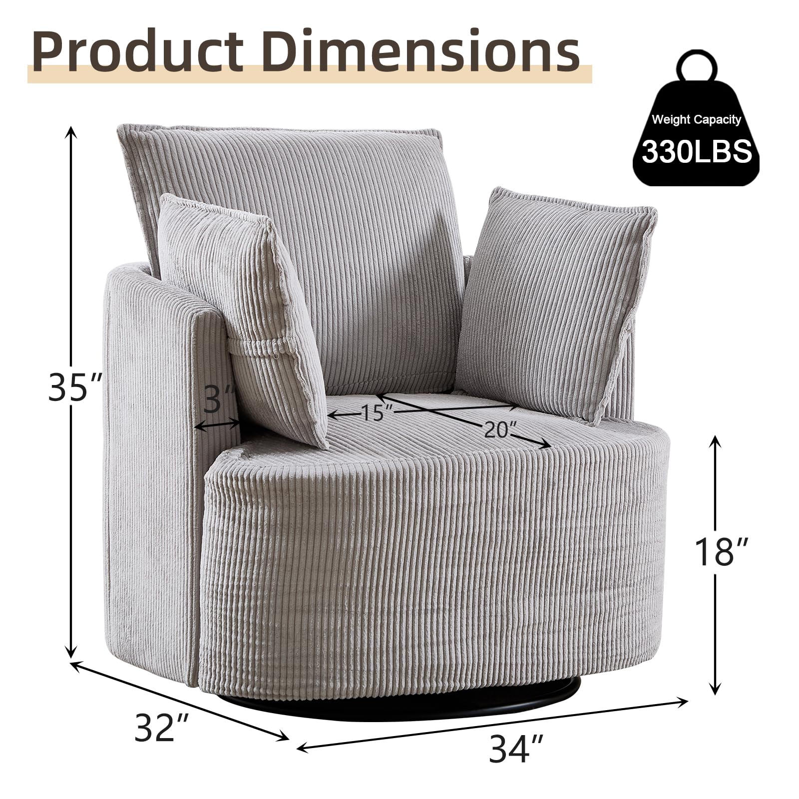 360° Swivel Barrel Chair with Corduroy Upholstery & 3 Pillows