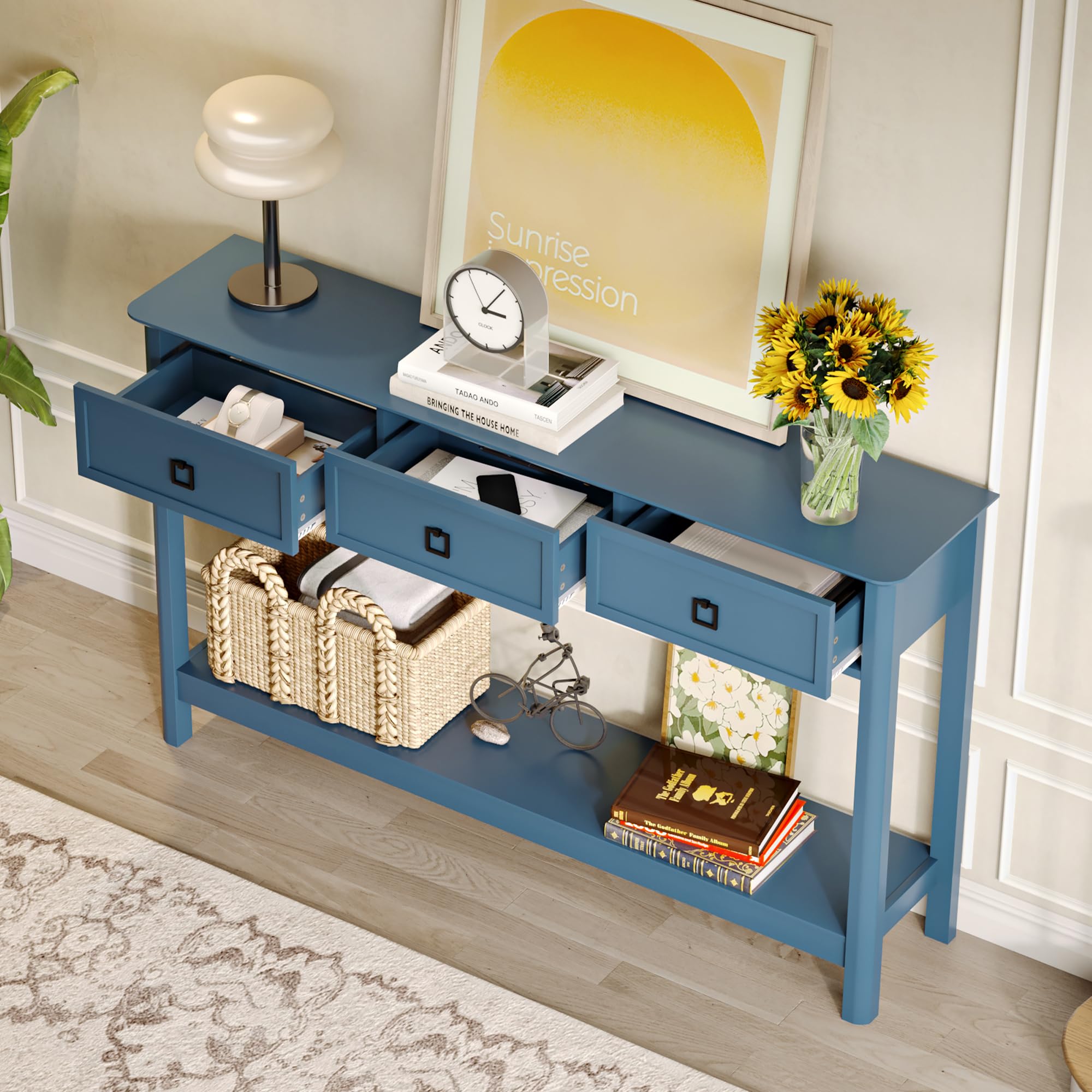 Treocho 53.1" Console Table with 3 Drawers, Modern Entryway Table, 2-Tier Narrow Long Sofa Table Behind Couch Table for Living Room, Hallway, Blue