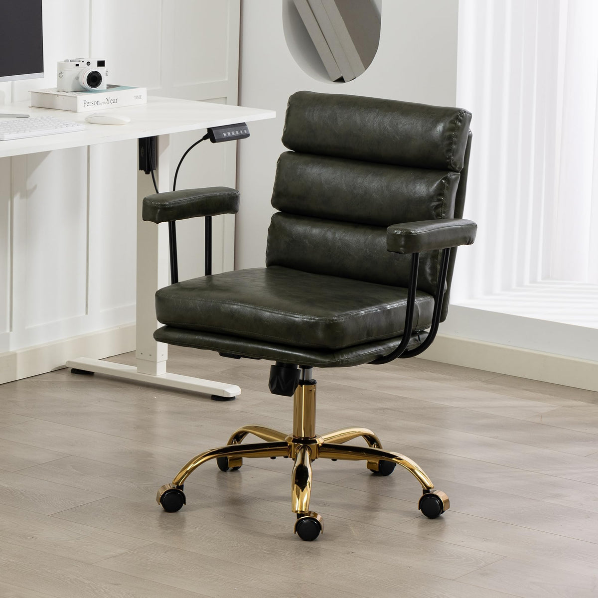 WiNVO Faux Leather Home Office Desk Chair, Ergonomic Executive Computer Chair with Gold Base, Padded Seat and Armrests, Adjustable Height Swivel Vanity Chair with Wheels, Green