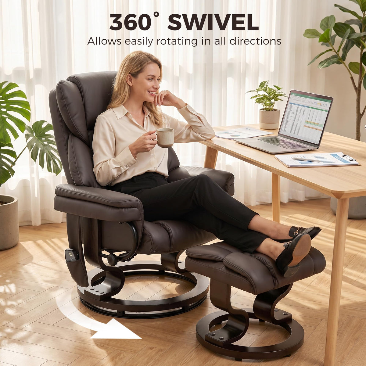 HOMCOM Massage Recliner Chair with Ottoman Footrest, 360° Swivel, Brown