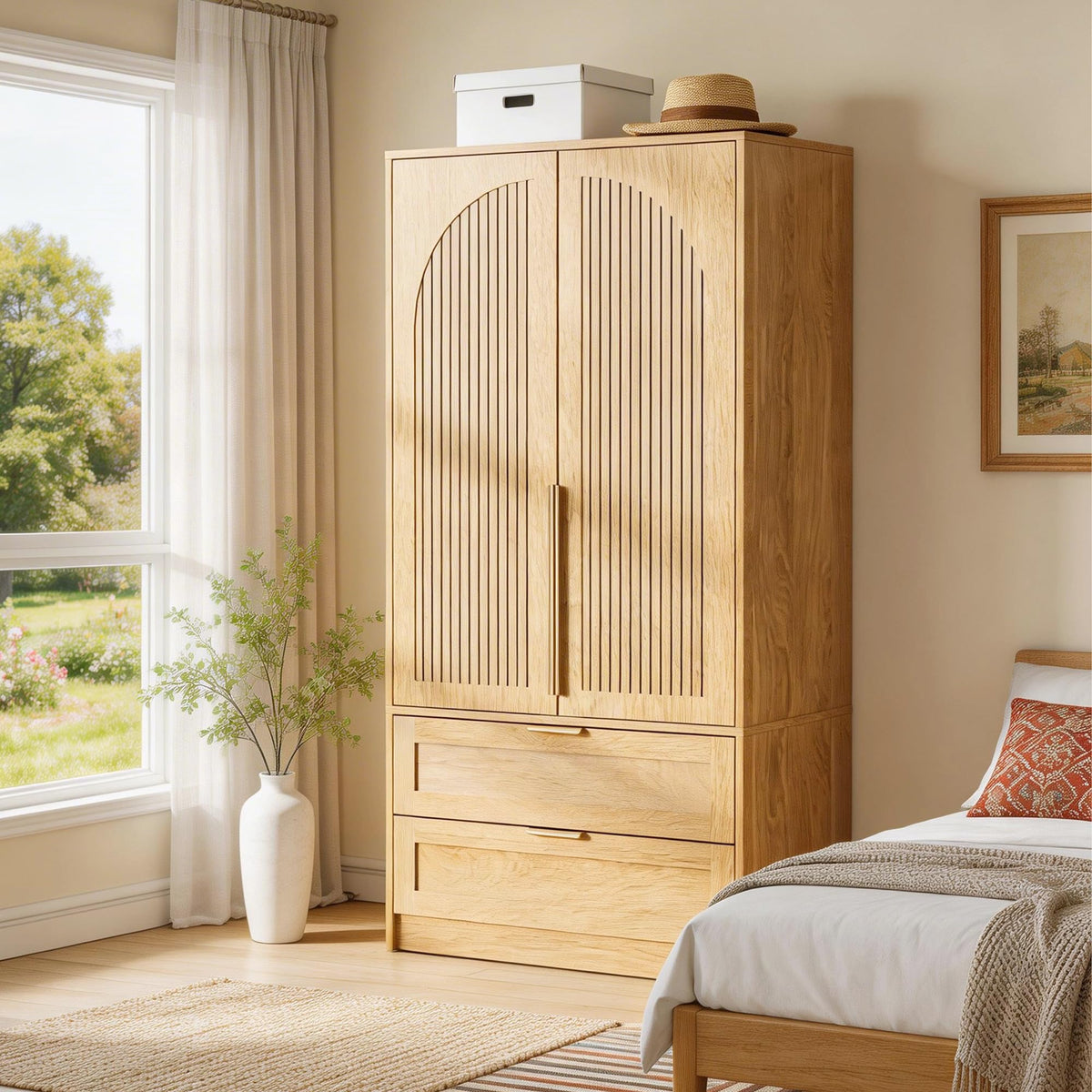 Fluted Wardrobe with 2 Drawers