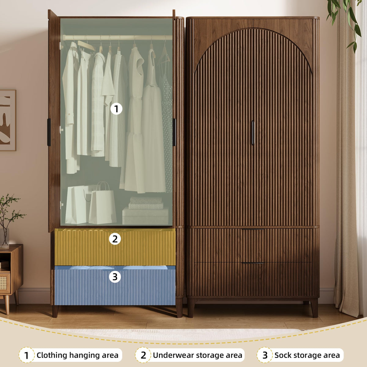 Oxirth 70.1" Arched Wooden Armoire Wardrobe Closet with 2 Doors and 2 Drawers, Fluted Bedroom Armoire with Hanging Rod Shelf, Clothing Storage Cabinet, Wardrobe Armoire Closet Cabinet (Walnut, 31.4")