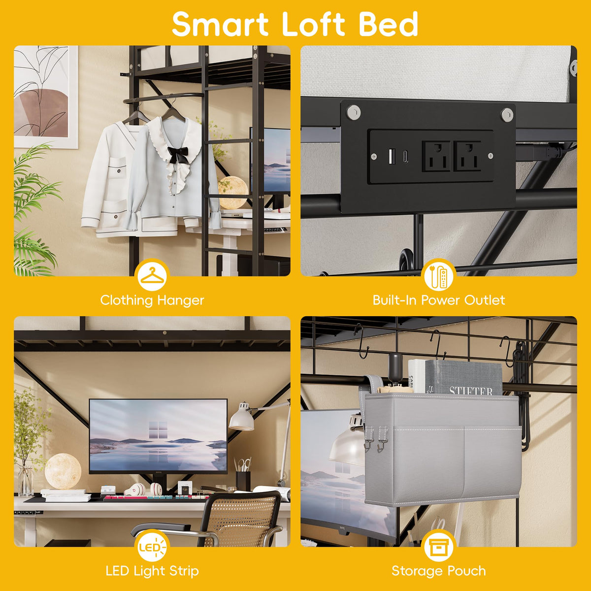 Twin Metal Loft Bed with LED Lights