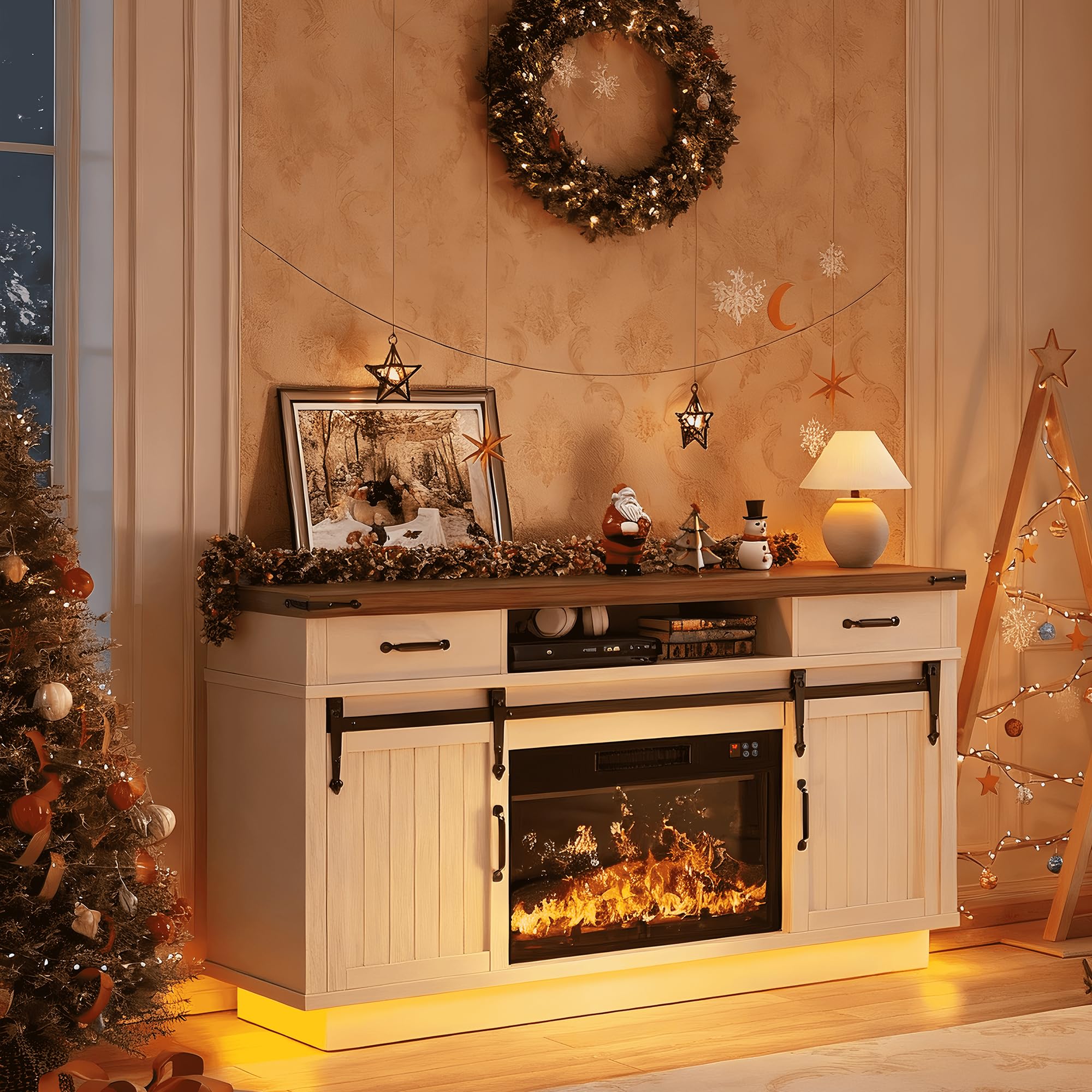 58" Farmhouse Fireplace TV Stand with LED Lights
