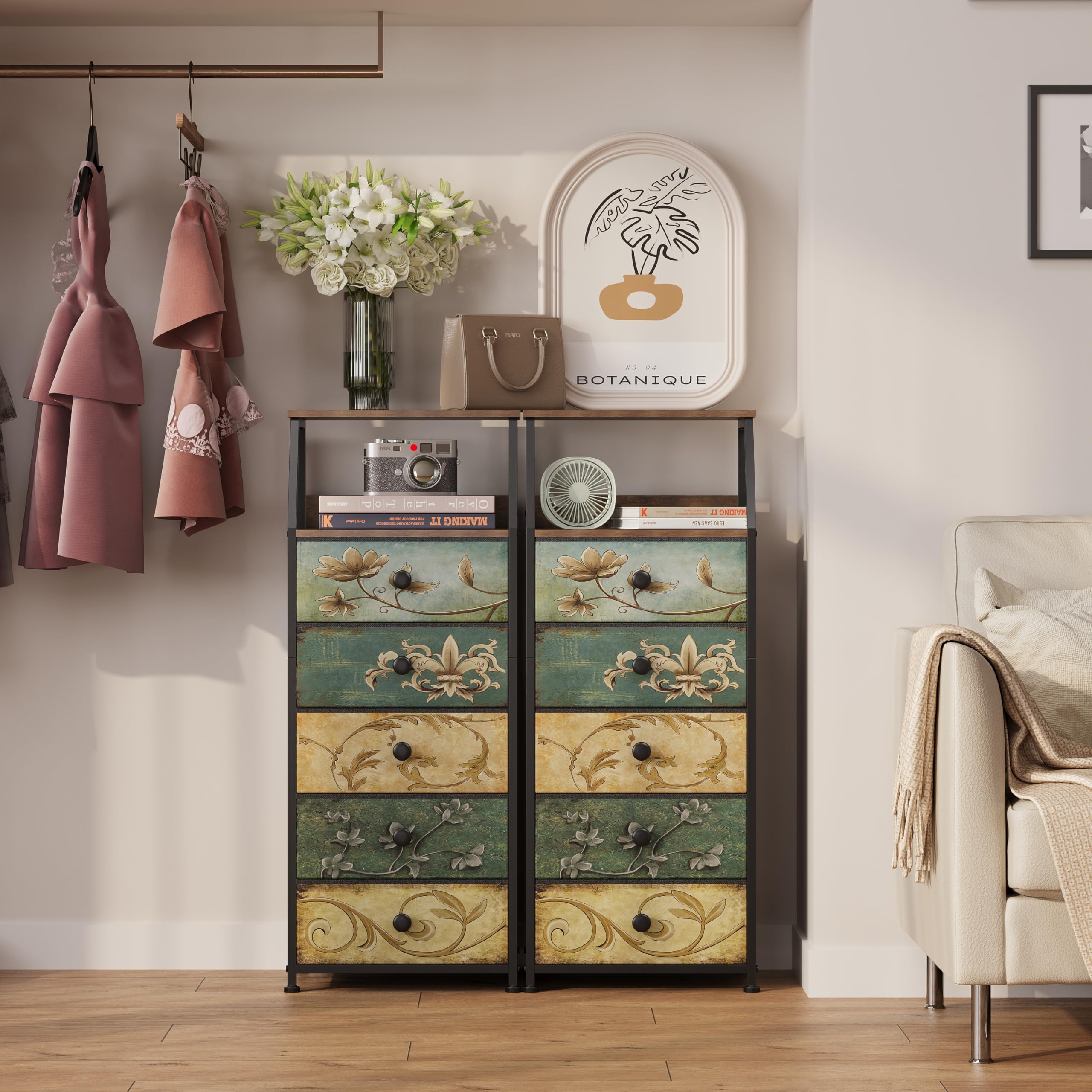 Fabric Dresser with Drawers & 2-Tier Shelf