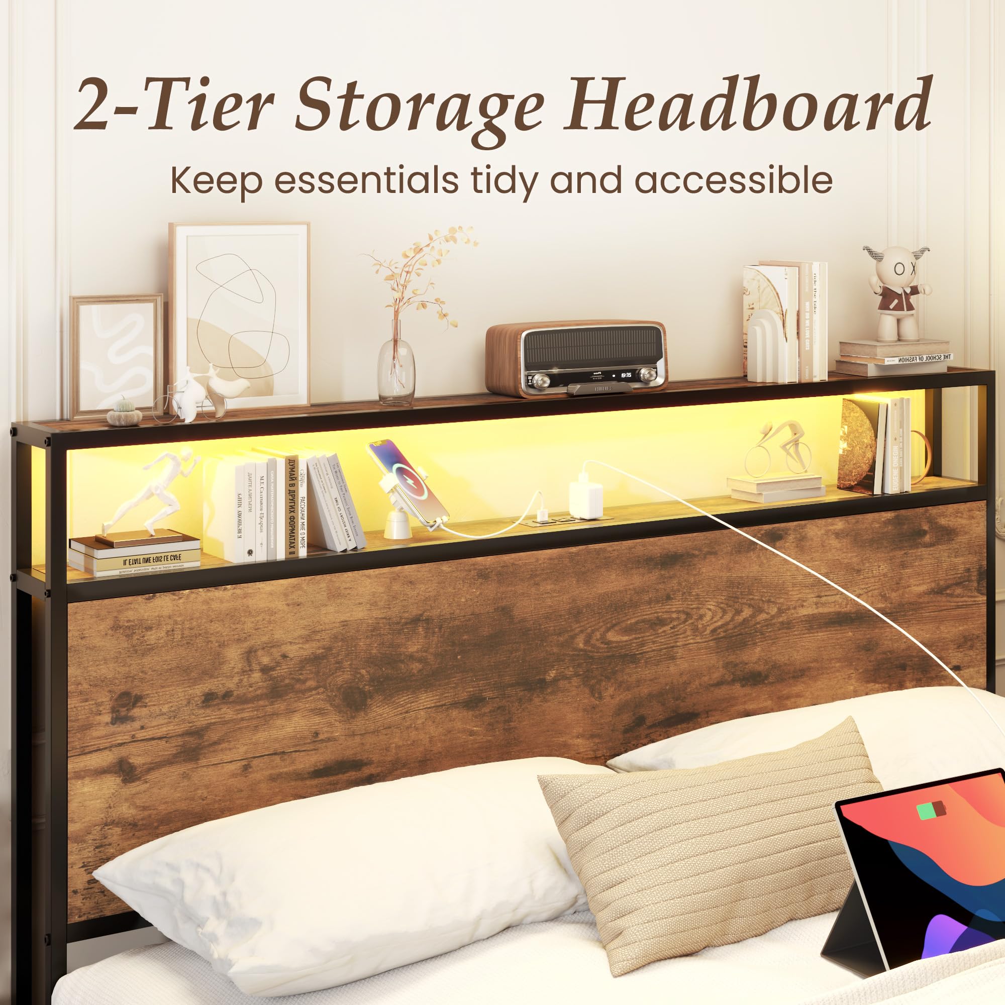 Lifezone Queen Bed Frame with 2-Tier Storage Headboard, Metal Bed Frame with Storage Drawers & Built-in Charging Station & LED, Noise-Free, No Box Spring Needed, Easy Assembly, Rustic Brown