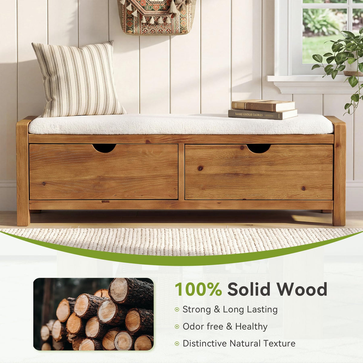 55" Wood Entryway Bench with 2 Storage Drawers, Upholstered Storage Bench