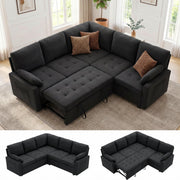 Huatean Home 82" Pull Out Couch with Storage, Sleeper Sofa, 5 Seat L Shaped Sectional Couches for Living Room, Modular Sectional Couch with Removable Covers, Black