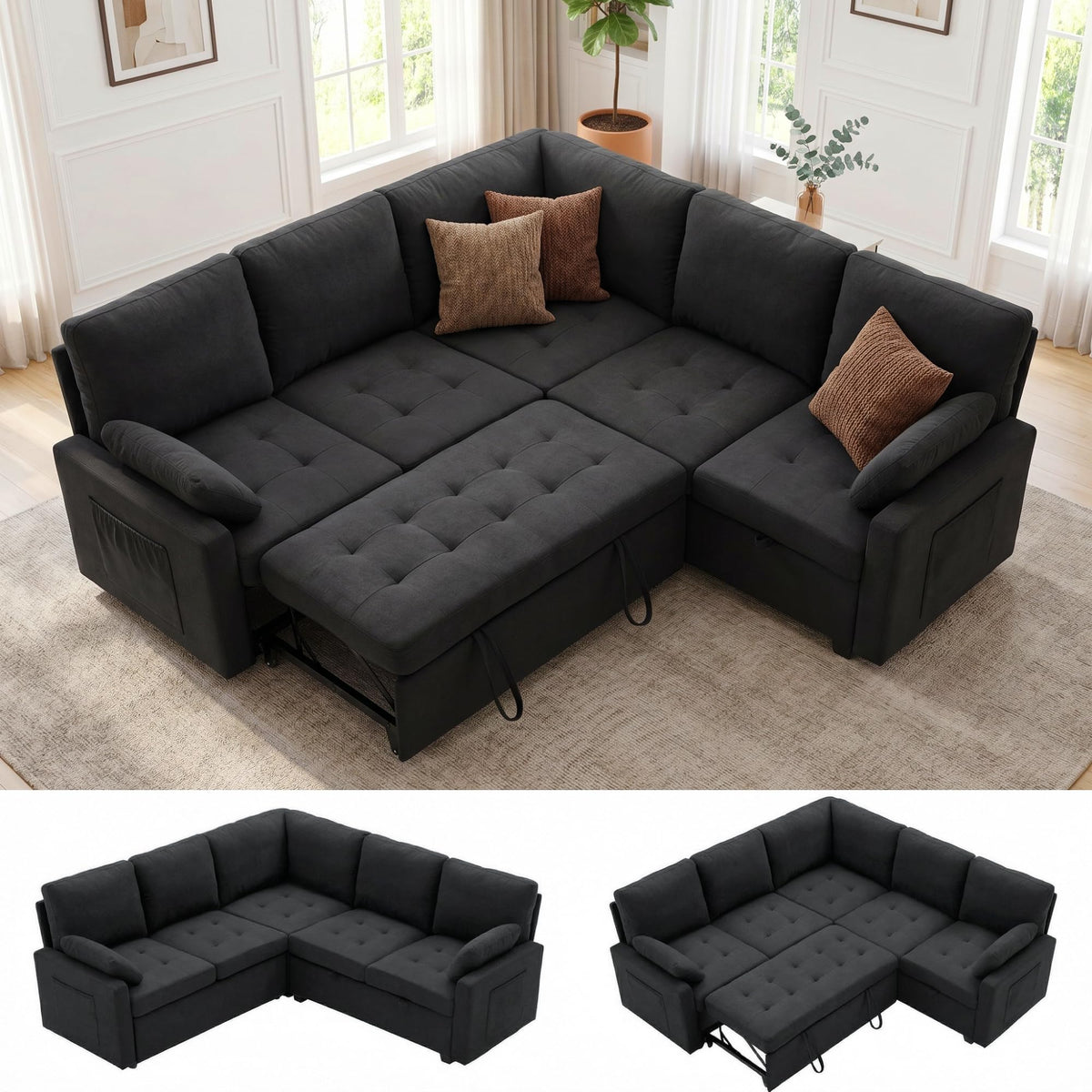 Huatean Home 82" Pull Out Couch with Storage, Sleeper Sofa, 5 Seat L Shaped Sectional Couches for Living Room, Modular Sectional Couch with Removable Covers, Black