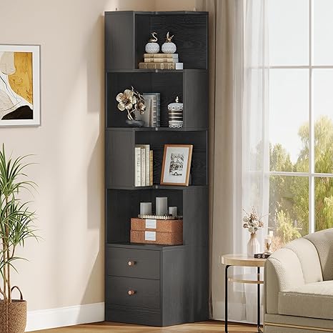 Corner Bookshelf with Drawers, 5-Tier, 70.87" Tall