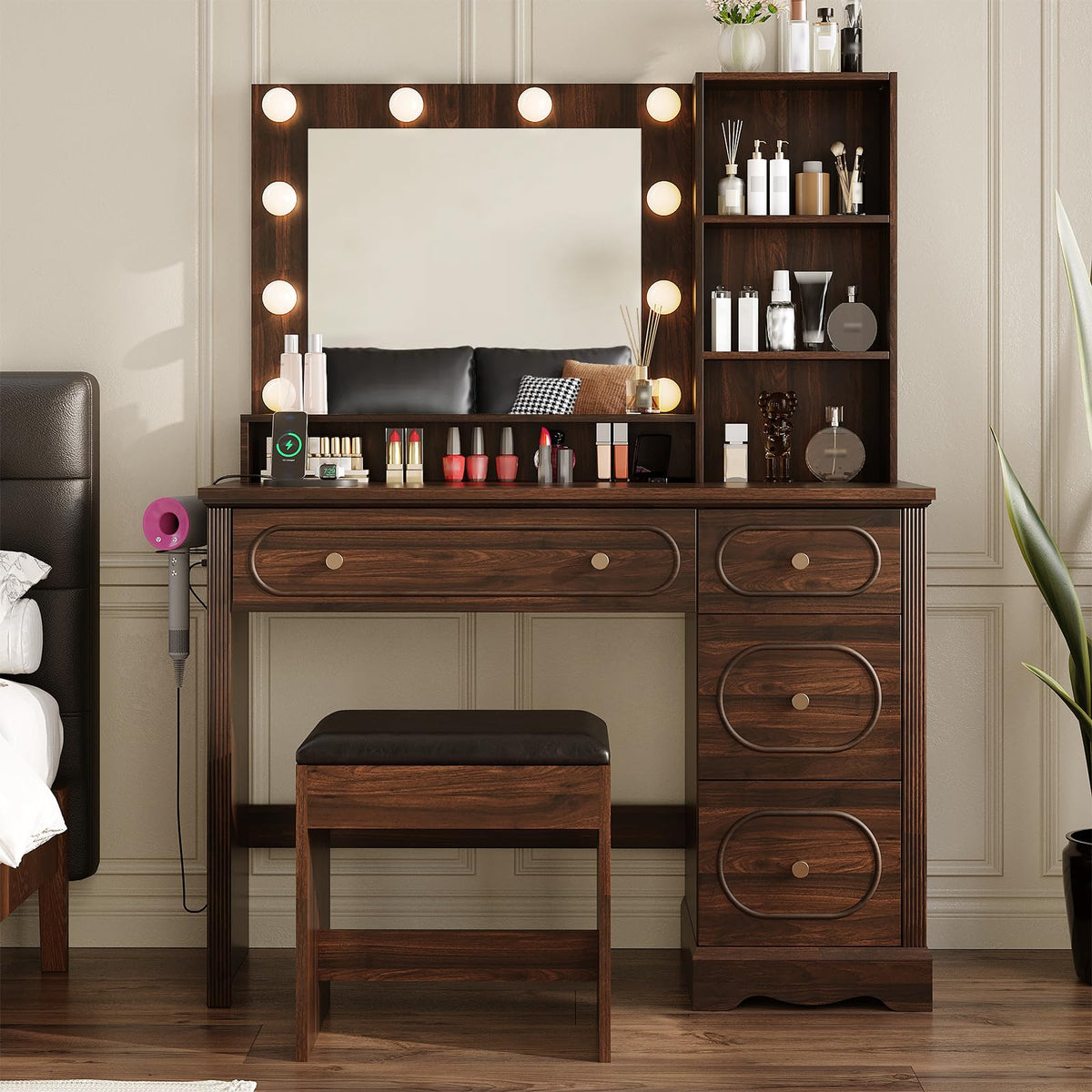 Walnut Brown Lighted Makeup Vanity