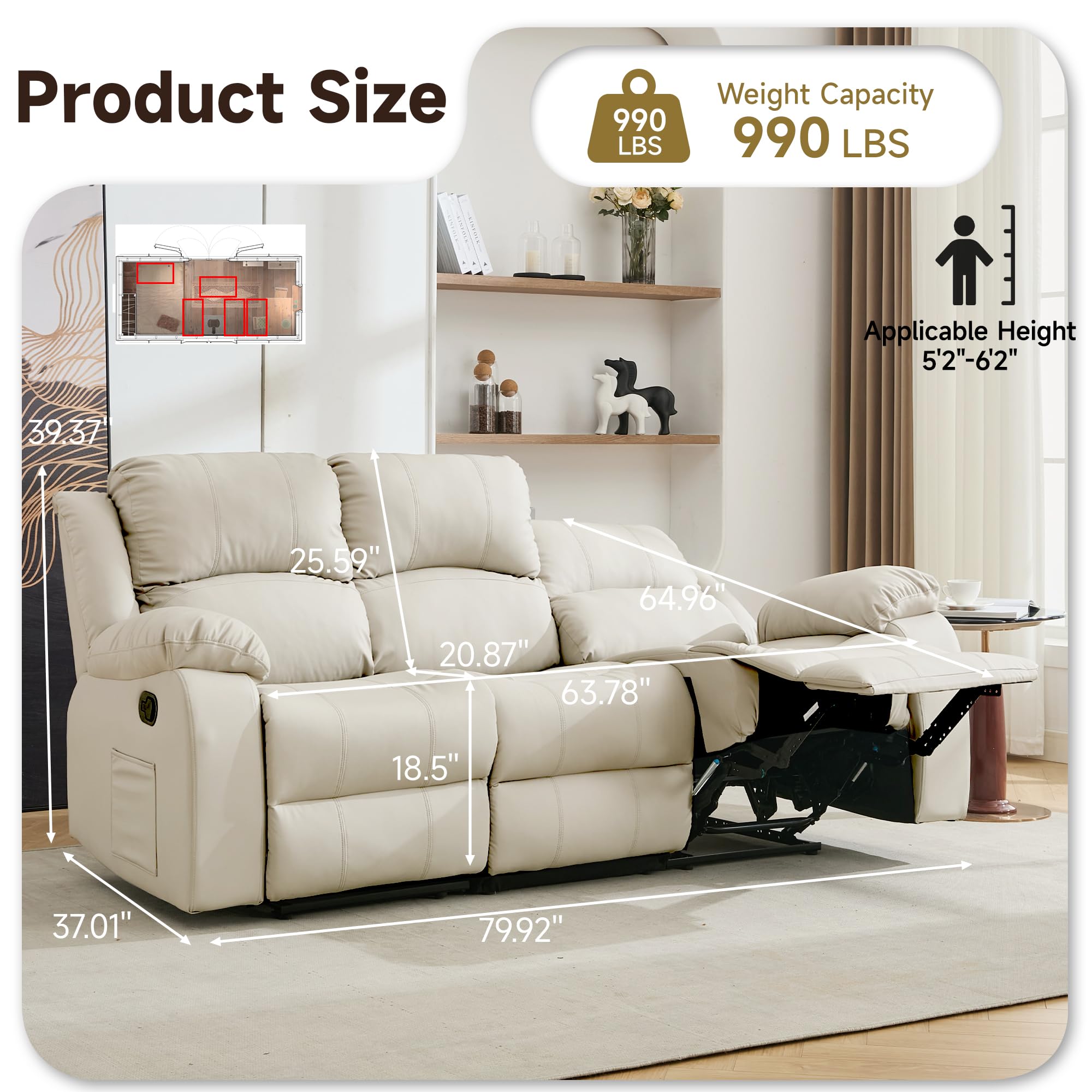 Reclining Loveseat Sofa Leather Recliner Sofa 3 Seater Couch for Living Room, Home Theater Seating(3 Seat,Beige)