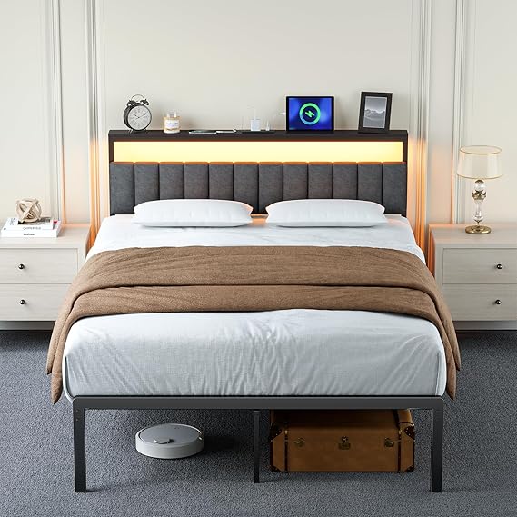 Metal Bed Frame with LED Headboard & Charging Station