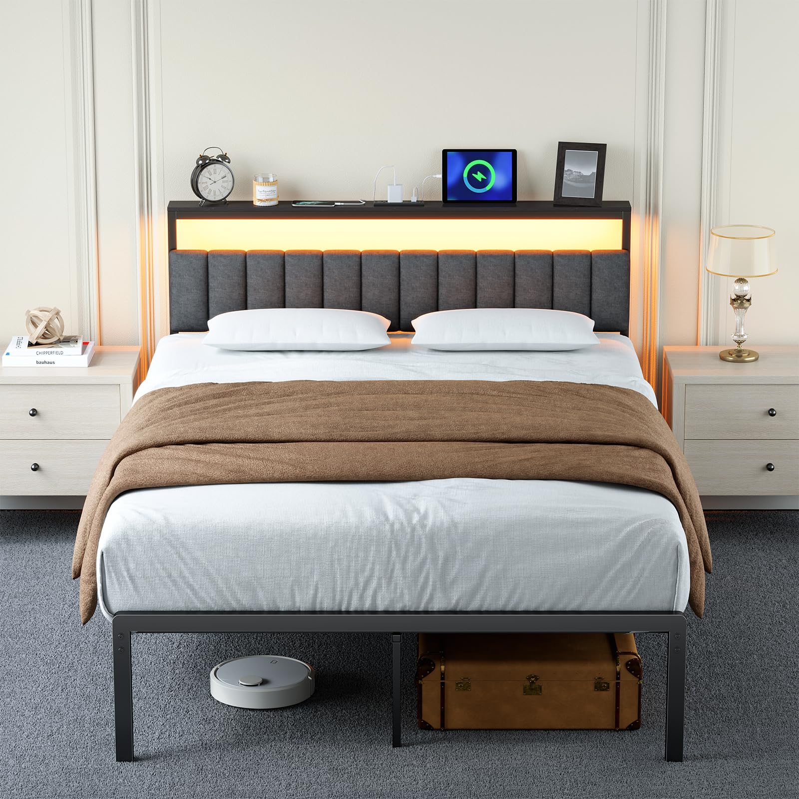 Woanke Full Bed Frame with Headboard, Sturdy Metal Bed Frame with Led Light&Charging Station, Bed Frame Full Size Noise-Free/AssemblyEasily, Double Bed Frame for Individual, Black Full Size Bed Frame