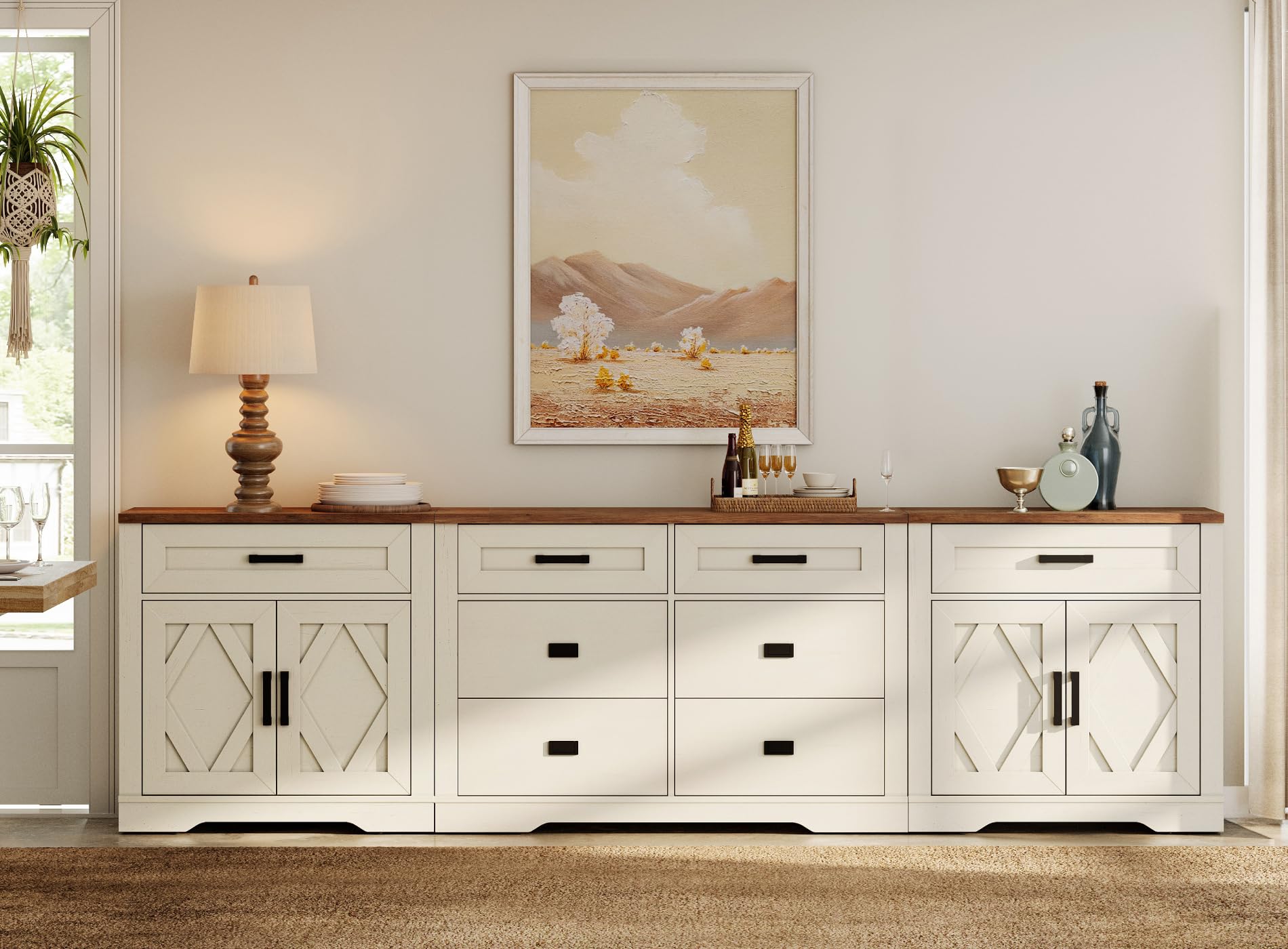 WAMPAT 110" W Large TV Stand,3-in-1 Farmhouse Entertainment Center with Storage Barn Door Cabinet,TV Console Table with Media Cabinet and Drawers for Living Room,Bedroom,Cream White