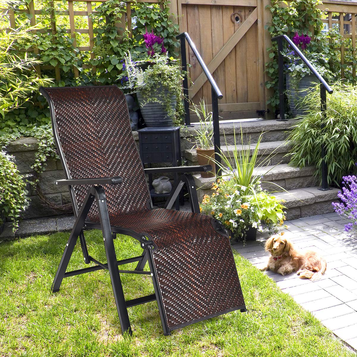 Tangkula Folding Reclining Rattan Chair, Portable Chaise Lounge Chair w/Adjustable Positions, Outdoor Lounge Chair with Wide Armrest, Sturdy Steel Frame, Suitable for Garden, Patio, Beach (1)