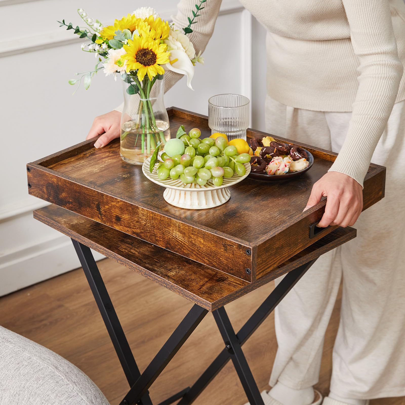 Foldable TV Tray Table Set of 2 with Removable Serving Tray