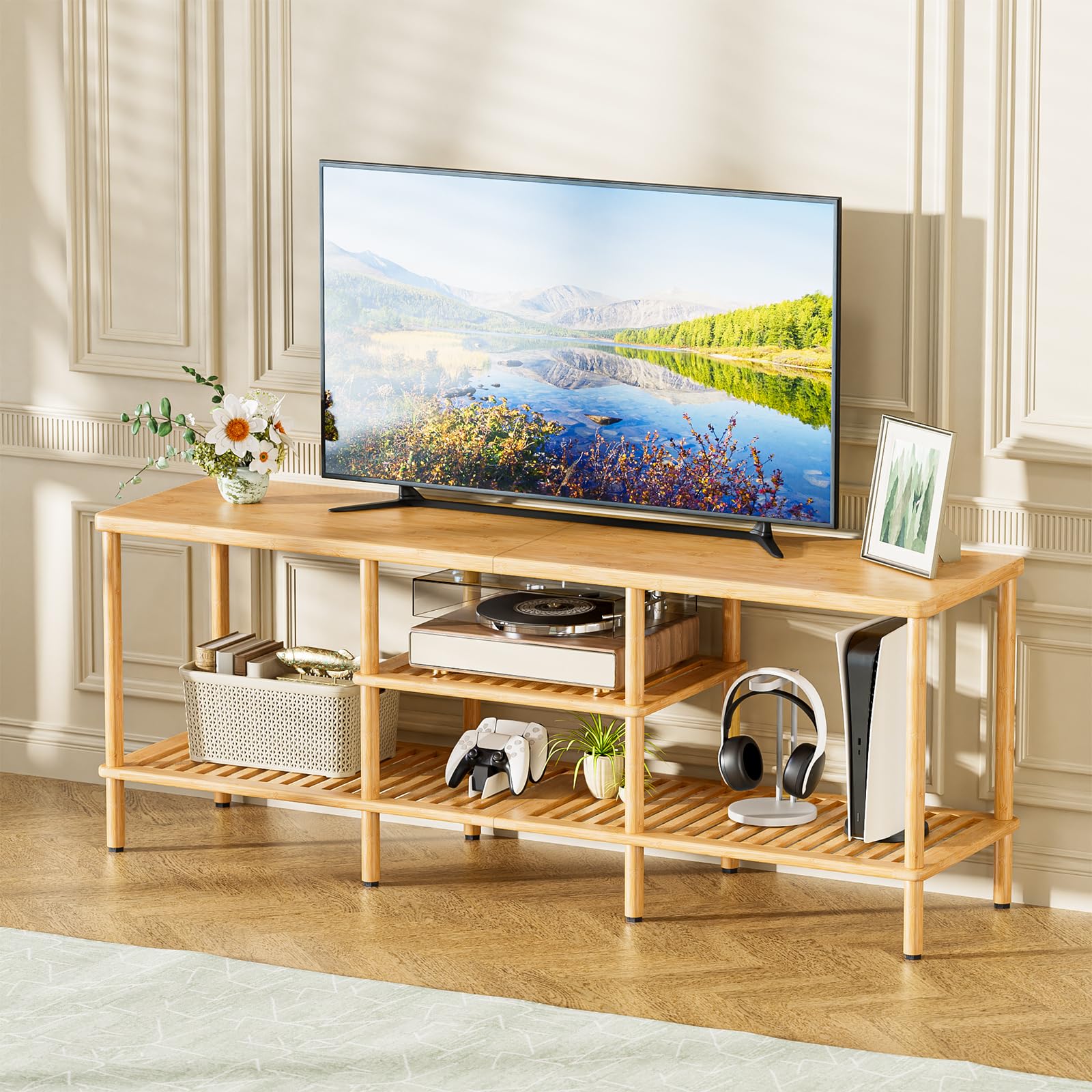 Bamboo TV Stand with 3-Tier Open Storage Shelf