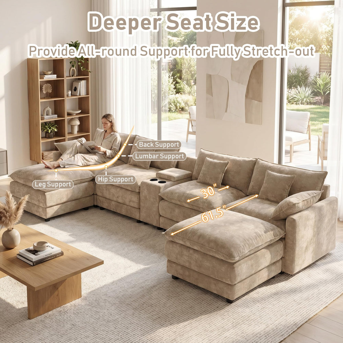 ONEMMLION 163" Oversized Cloud Sectional Couch for Living Room, Light Brown