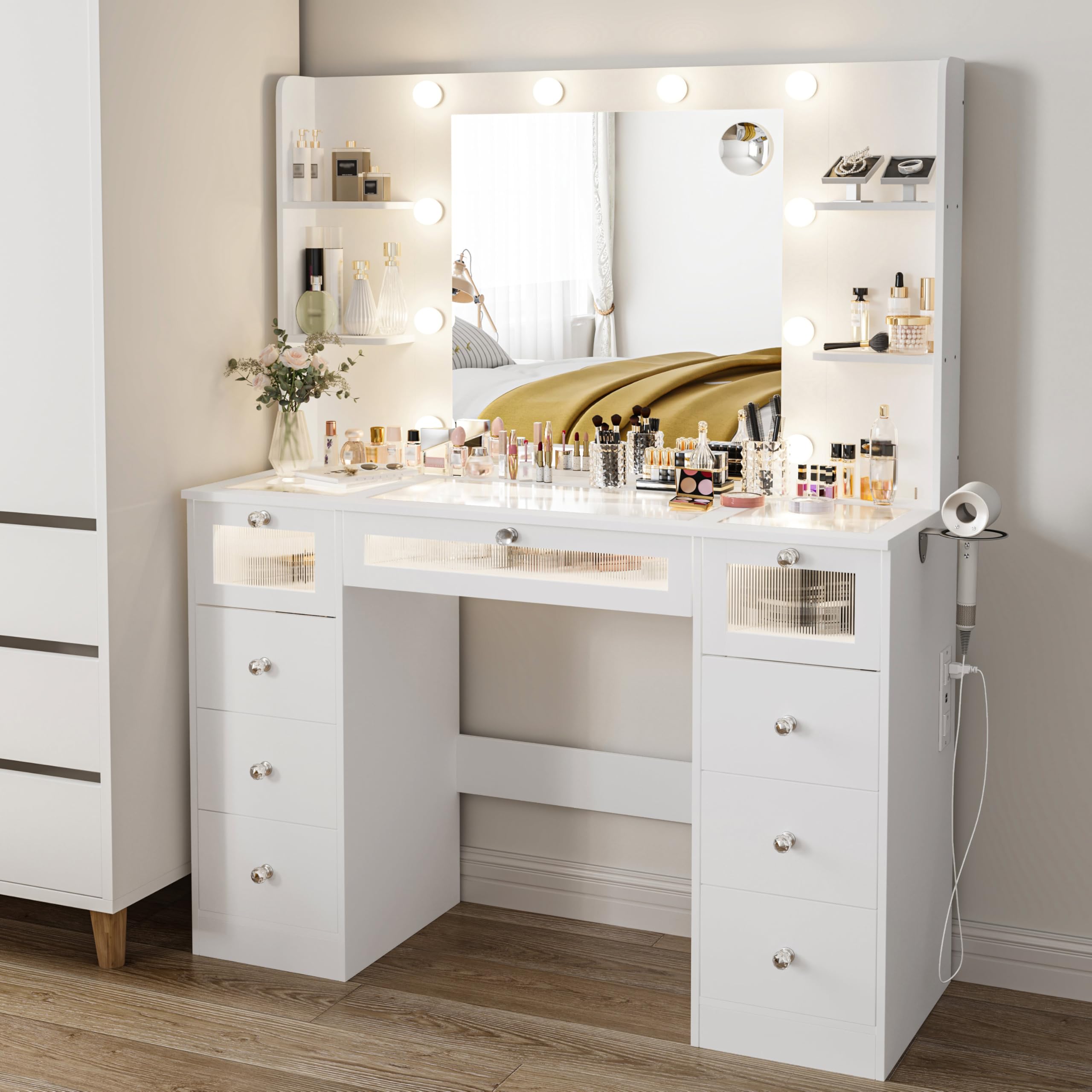 VQRhome White Vanity with Lighted 23.5” Mirror, Glass Top Vanity Desk with 9 Drawers & 3 Color Hollywood Bulbs & 4 Shelves & Acrylic & Power Outlet, Makeup Desk Dressing Table for Bedroom