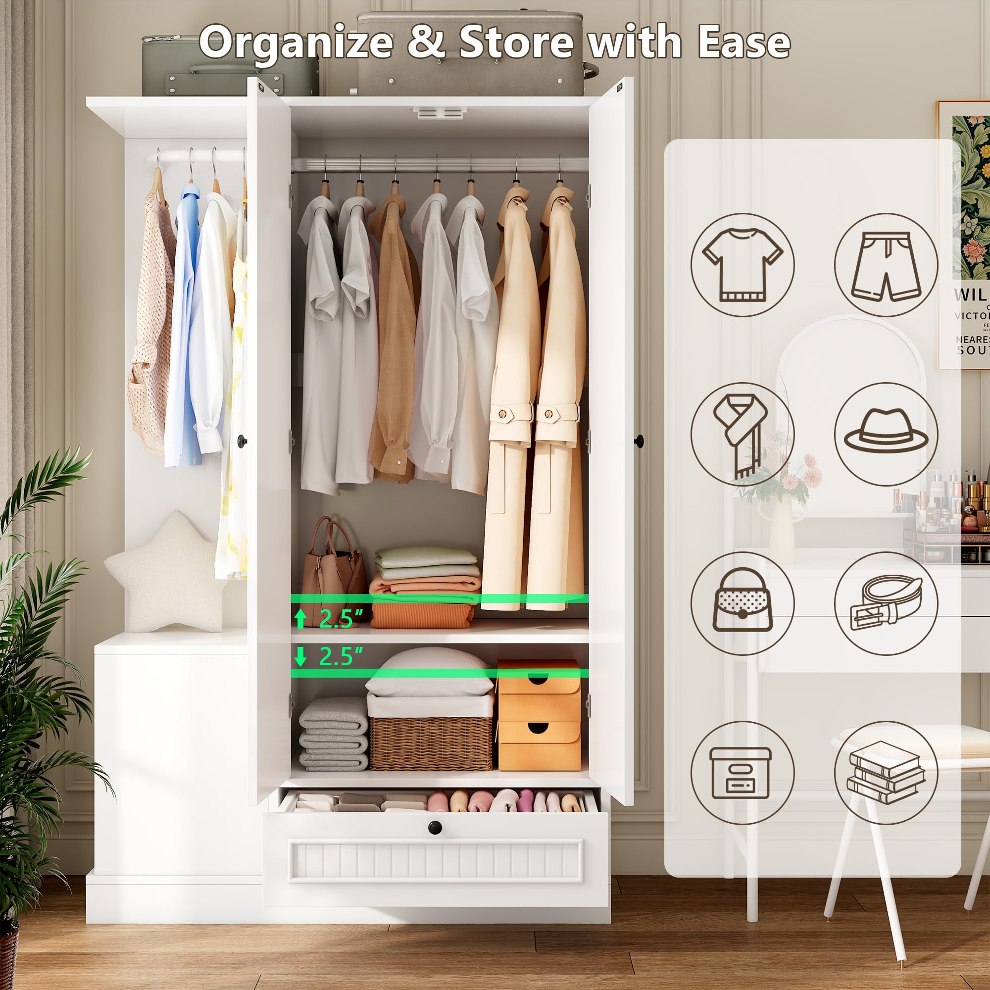 2-Door Wardrobe Closet with Mirror & Drawers