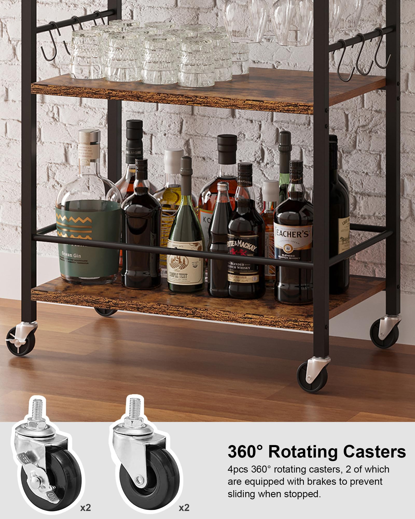 3-Tier Rolling Bar Cart with Wine Rack & Glass Holder