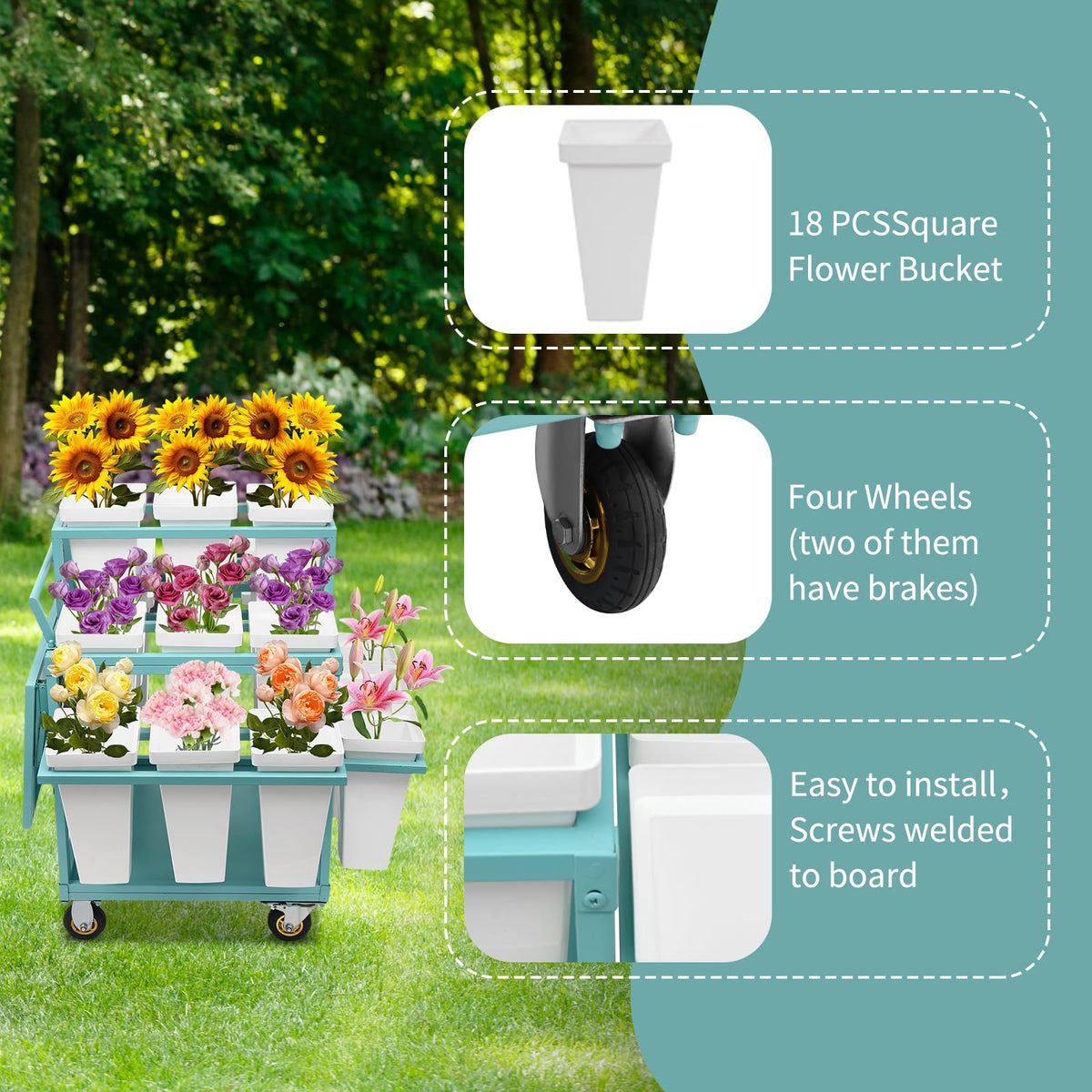 BAIODNB Flower Display Stand with Wheels,6 Layers Plant Display Stand With 18PCS Buckets Flower Cart, Moving Florist Bouquet Shelf Flower Rack for Indoor, Outdoor Patio Garden, Living Room (Blue)