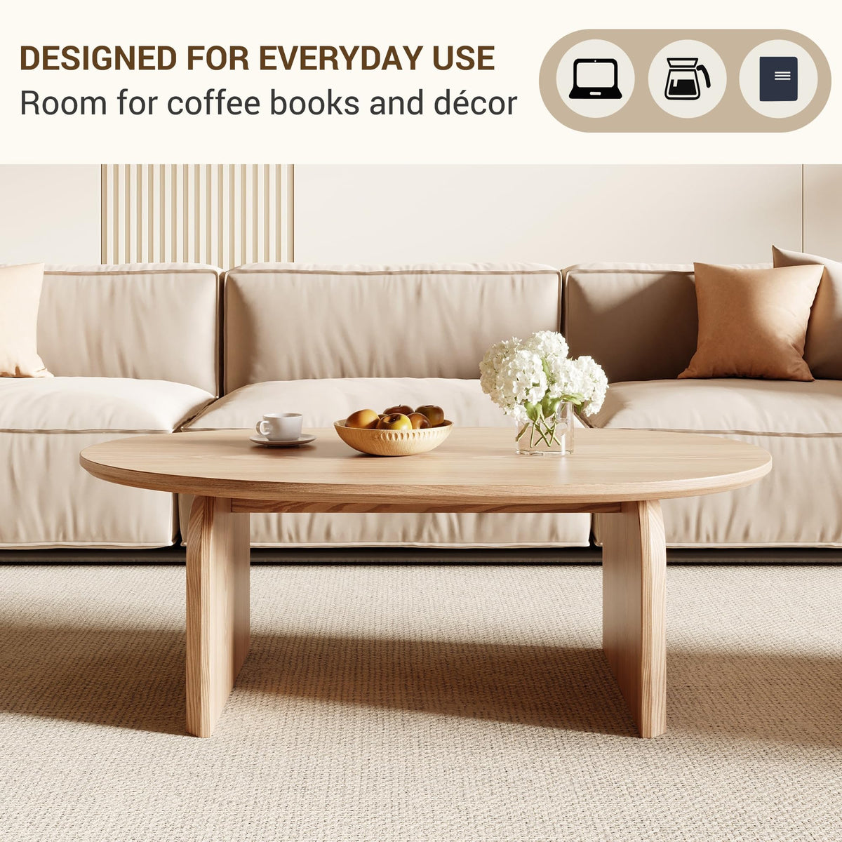 Honyee Small Oval Coffee Table, Oak Veneer Top with Solid Legs, Natural