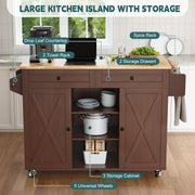 MROJISC Kitchen Island Cart with Storage, Rolling Kitchen Island On Wheels with Solid Wood Drop Leaf Breakfast Bar, Barn Door Island Table for Kitchen with Spice Rack & Towel Rack, Brown