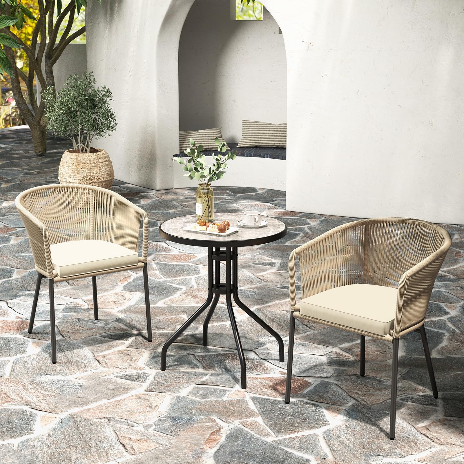 Tangkula Patio Chairs Set of 4, Outdoor Accent Chairs with Woven Rope Curved Backrest & Armrests, Seat Cushion, Adjustable Foot Pads, Modern Dining Chair for Dining Room, Patio, Backyard, Beige