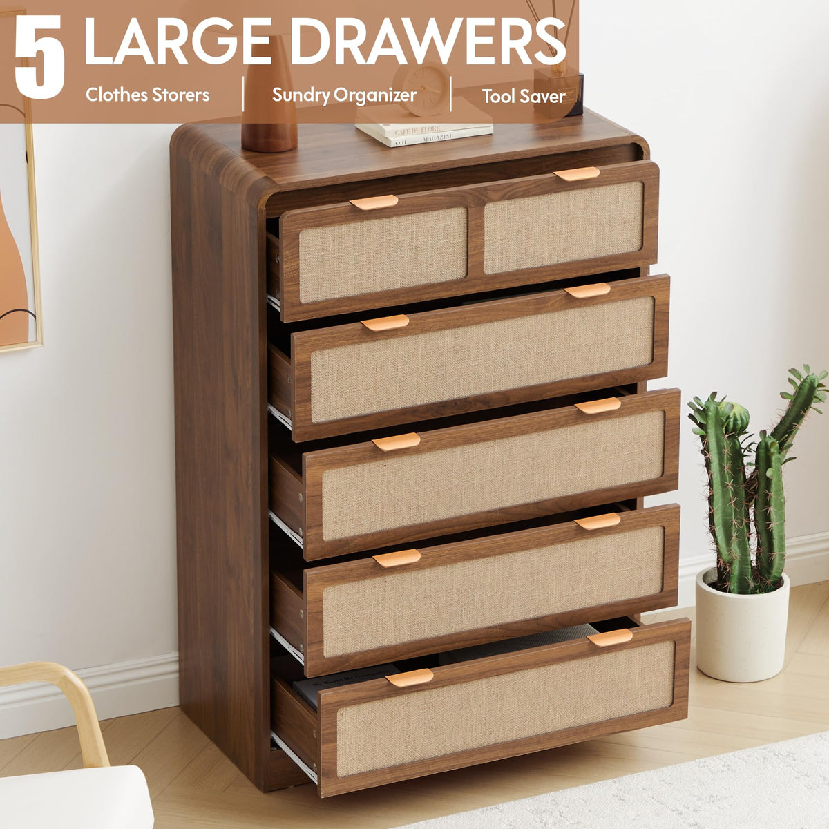 RUSTYER 43" Tall 5 Drawer Dresser for Bedroom, Modern Wood Dresser, Walnut