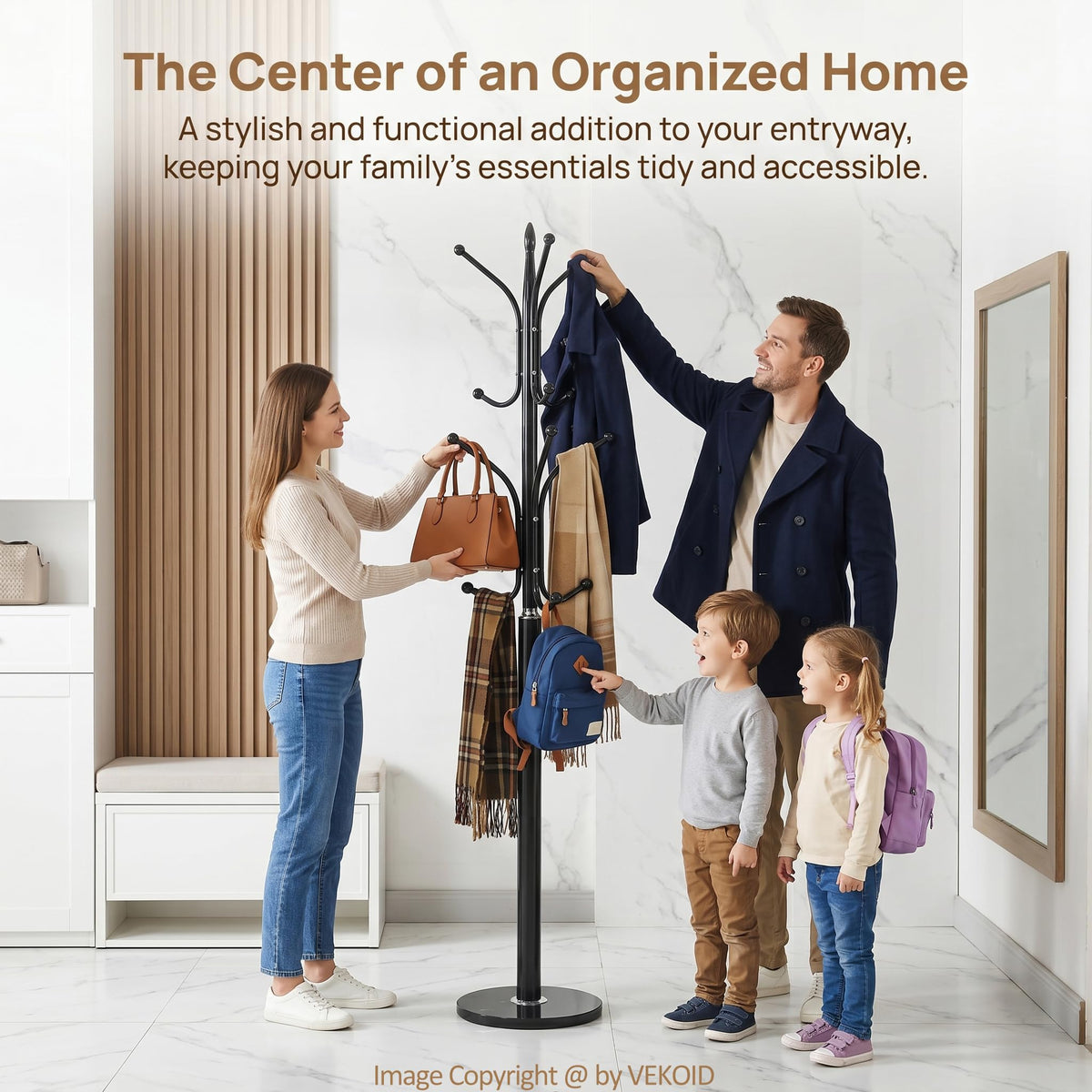 VEKOID 12 Hooks Metal Coat Rack Freestanding Coat Tree with Marble Base, Heavy Duty Coat Rack Stand for Clothes Hats Bags, Coat Hanger Stand for Corner Entryway Bedroom Office (Black)