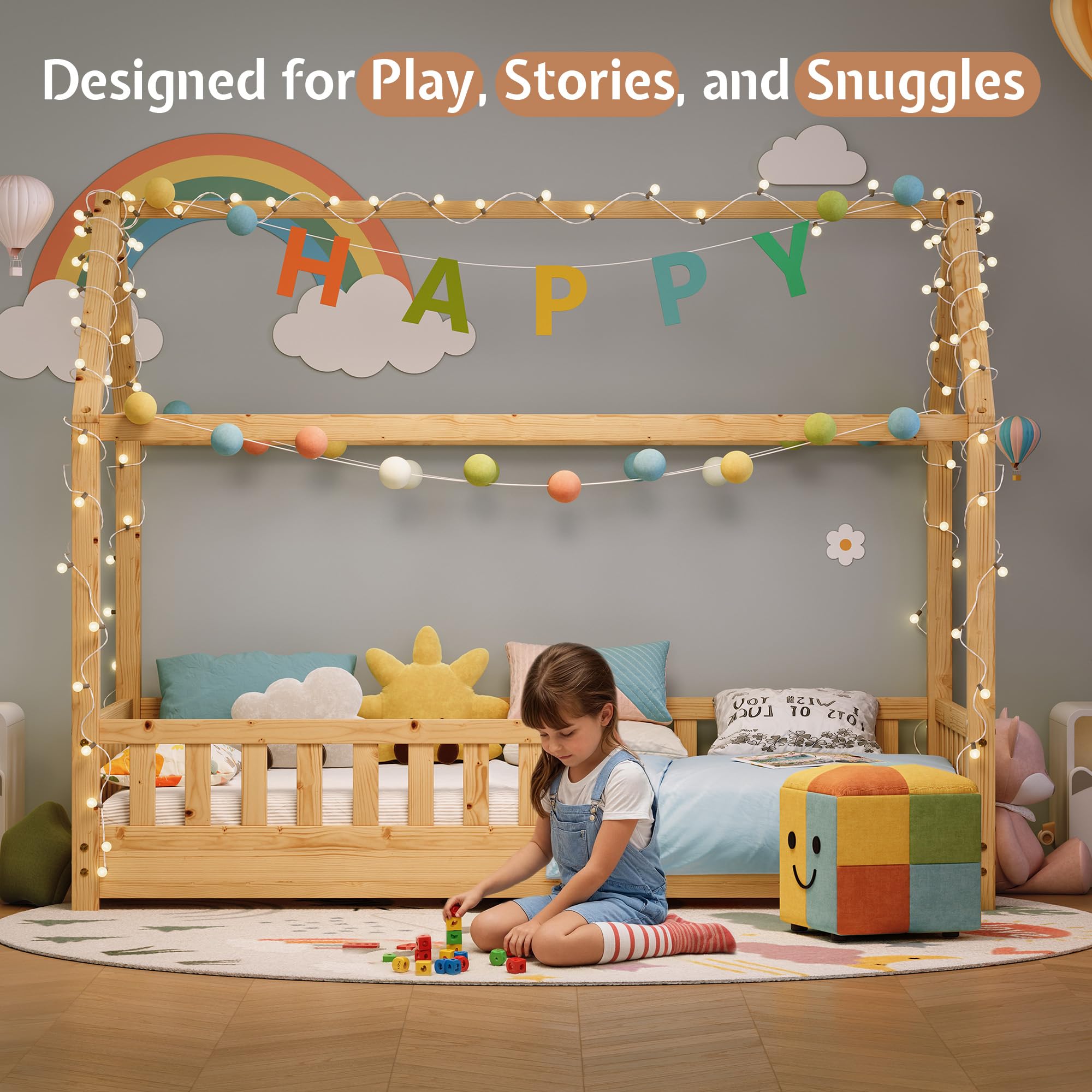 Jocisland Twin Size House Bed for Kids, Montessori 100% Wooden Floor Bed Frame with Guardrails, Removable Rails, Playhouse Roof, Easy Assembly, Toddler Floor Bed for Boys & Girls, Natural Wood