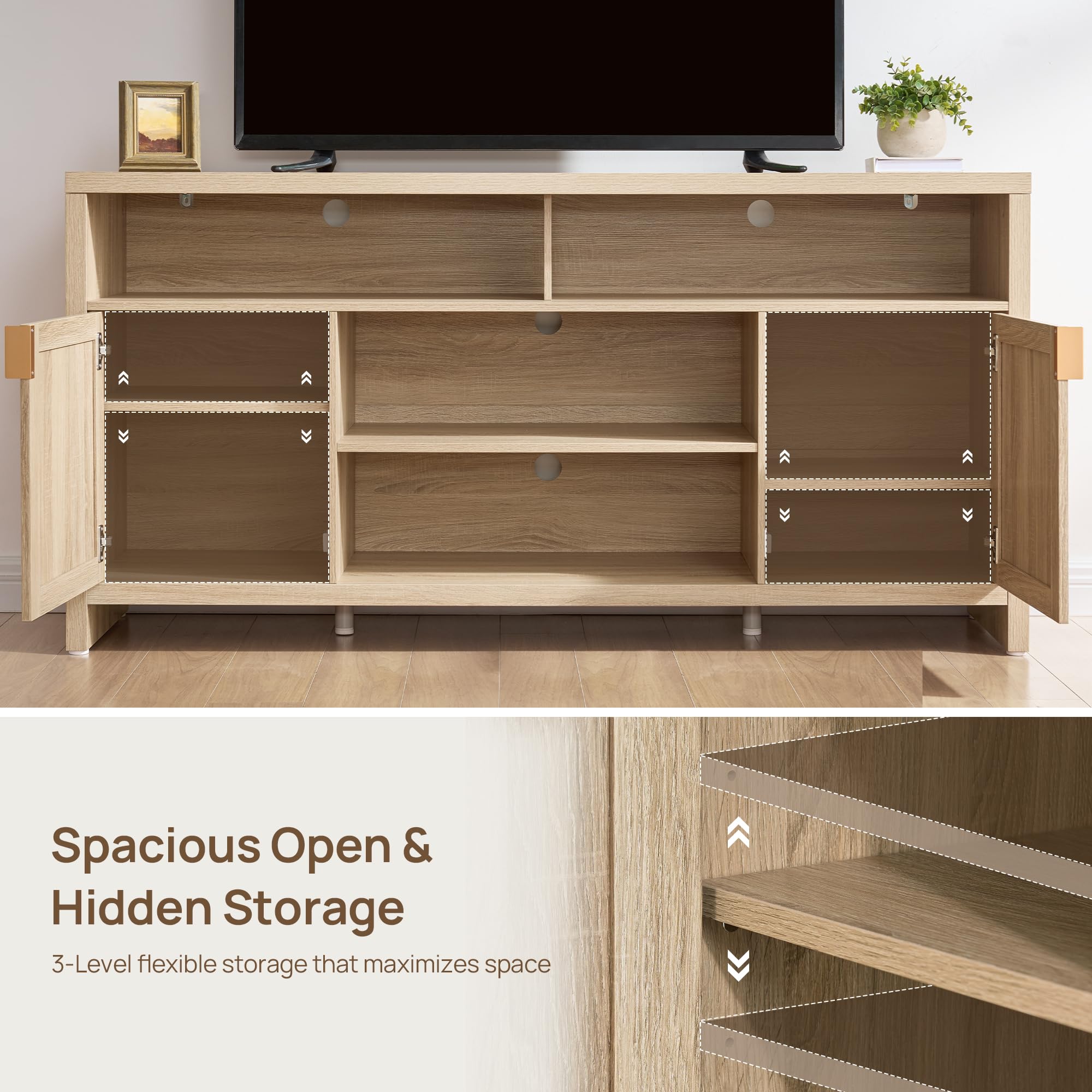 63" Rattan TV Stand with Storage & Doors