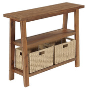 Solid Wood Farmhouse Console Table with 2-Tier Shelf and Basket Storage