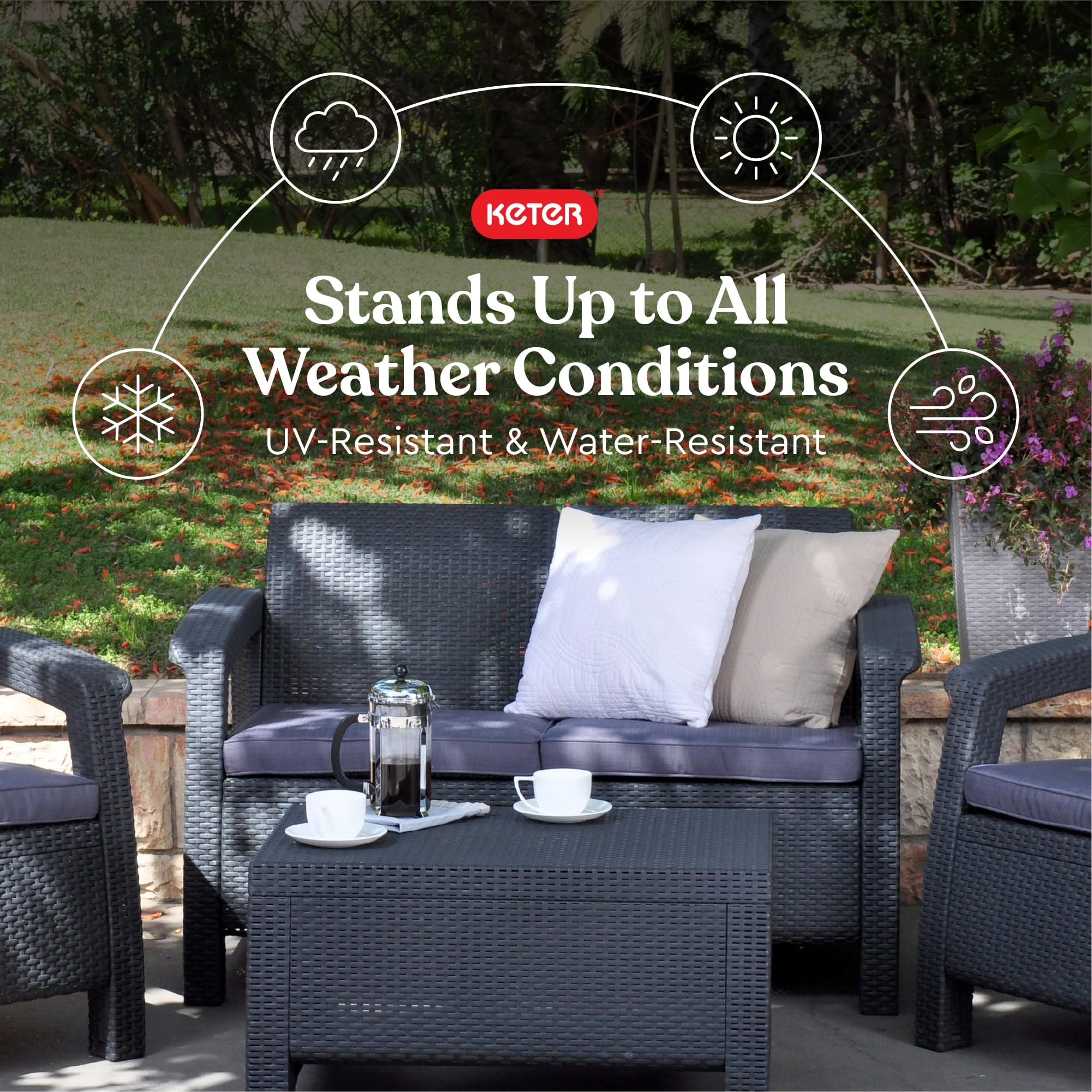 Keter Corfu 4 piece Set All Weather Outdoor Patio Garden Furniture with Cushions, Charcoal